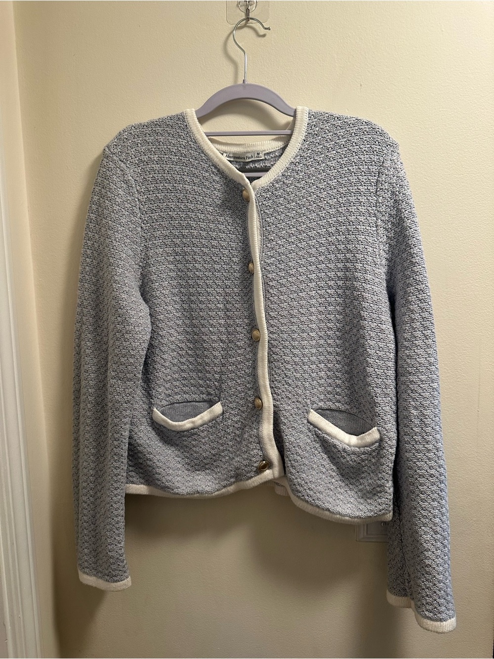 Woven Knit Button-Front Women's Sweater Jacket in Light Blue and Cream